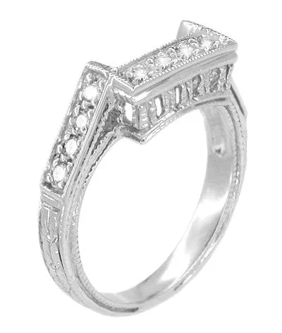 Art Deco Filigree Castle Diamond Notched Wedding Ring in 18 Karat White Gold